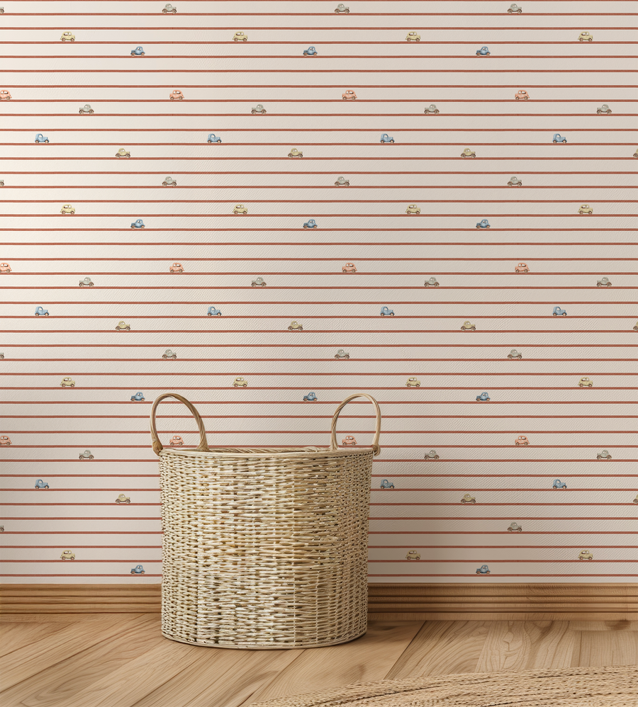 Stanley - Mini Cars Vintage Stripe Wallpaper