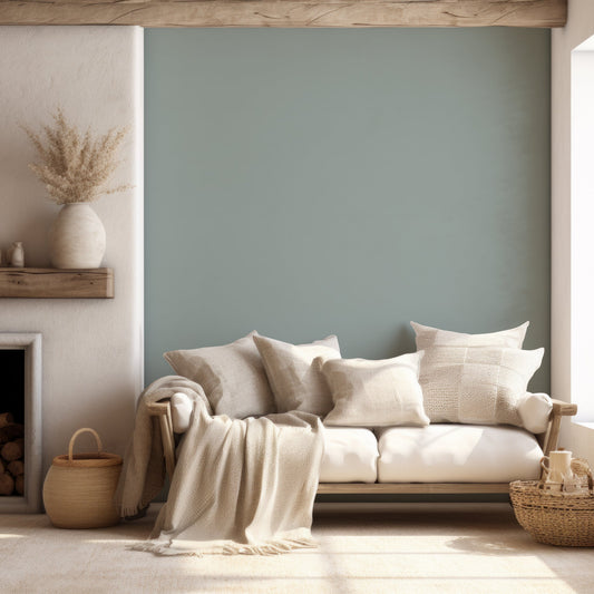 A coastal style living room with a cream sofa with pillows and blankets scattered across it with baskets surrounding and a fire place. This is showing 'Sarla' which is a slate grey wallpaper featuring a smooth solid colour finish with a subtle matte texture for a minimalist modern backdrop.