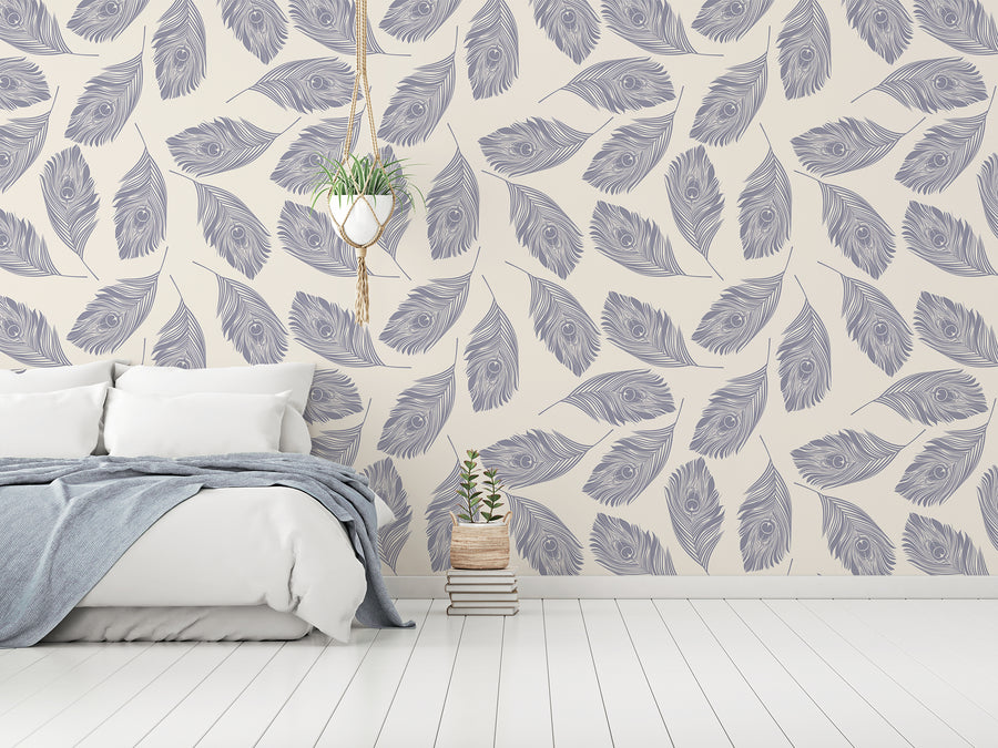 Quetzalli Cool - Papier peint plumes de paon gris