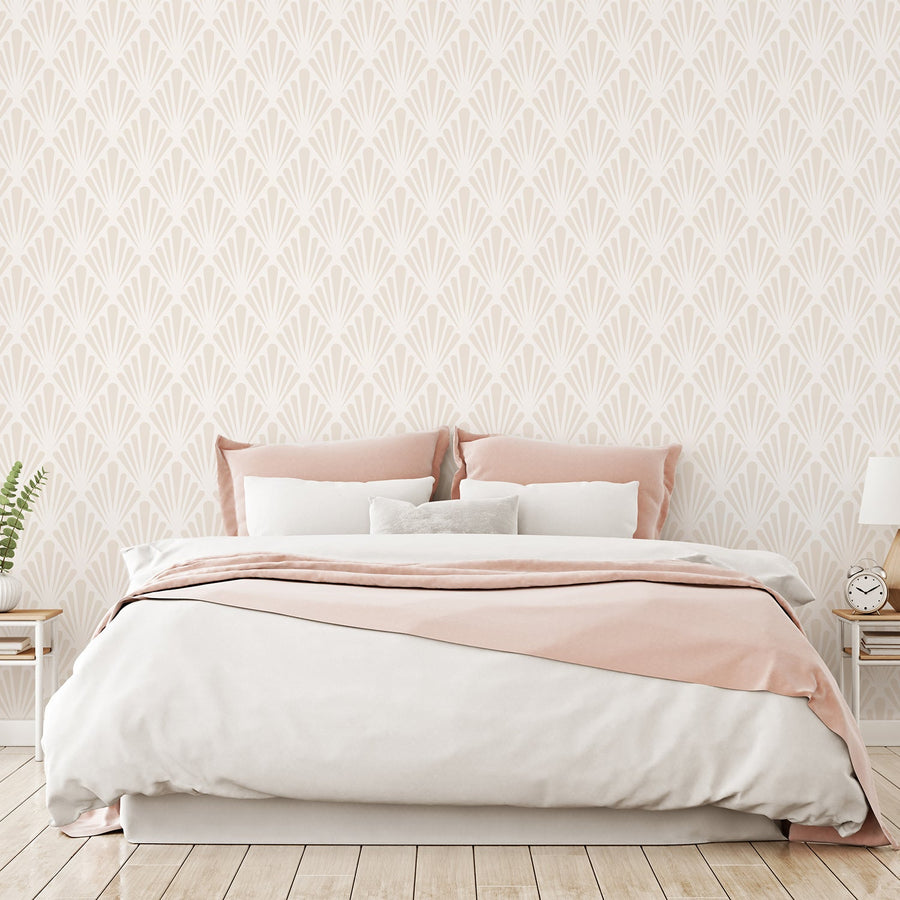 A bedroom which features the Virginia wallpaper which is snow white geometric floral wallpaper with vintage leaf motifs in soft pink.